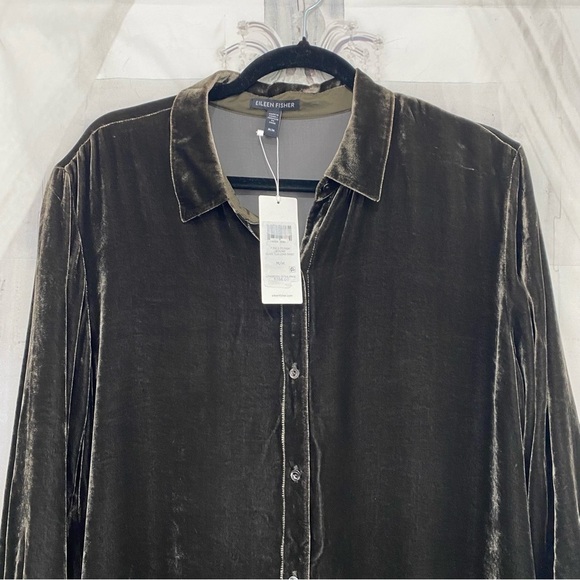 NEW Eileen Fisher Medium Long Sleeve Velvet Shirt Woodland Green Button High Low - Picture 9 of 14
